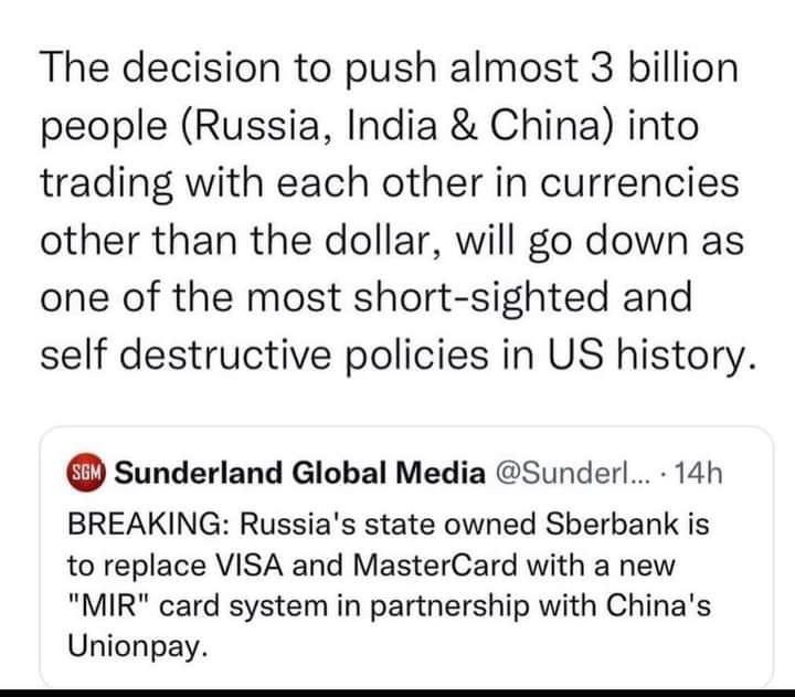 AshleyMooney's tweet photo. We were already going to lose global reserve currency status. This war will be the excuse. # https://t.co/MVPdolZADz
