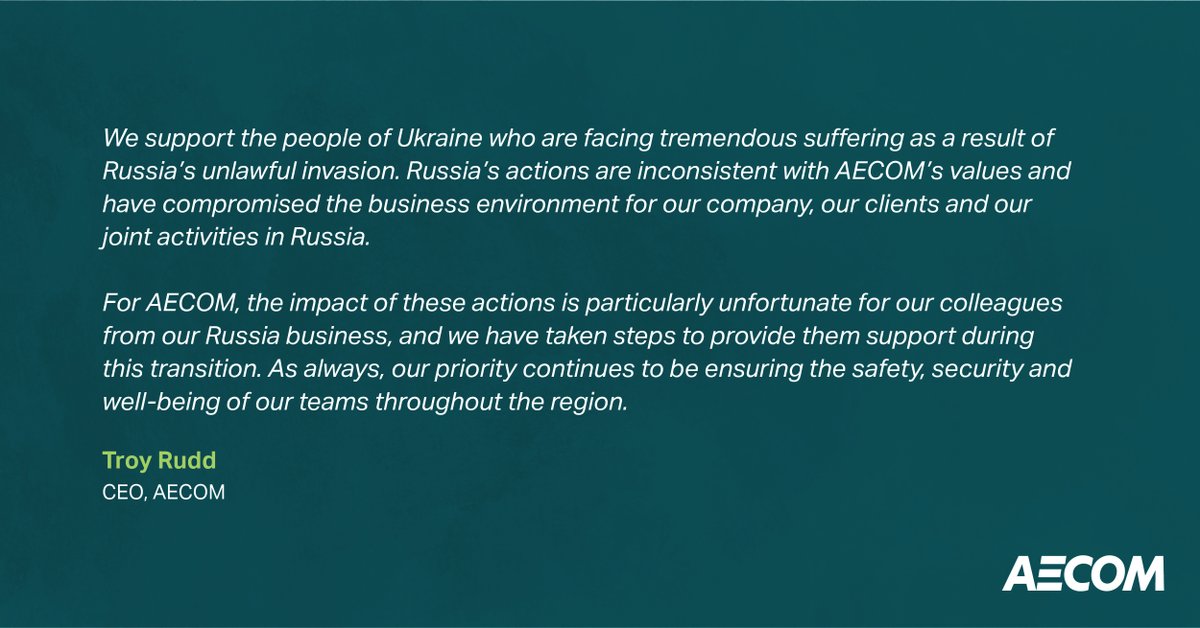 AECOM's tweet photo. We support the people of Ukraine and today announced the immediate exit of our business operations in Russia. Read more: https://t.co/KSgpUCIwz8 https://t.co/HPGnD6xJgy