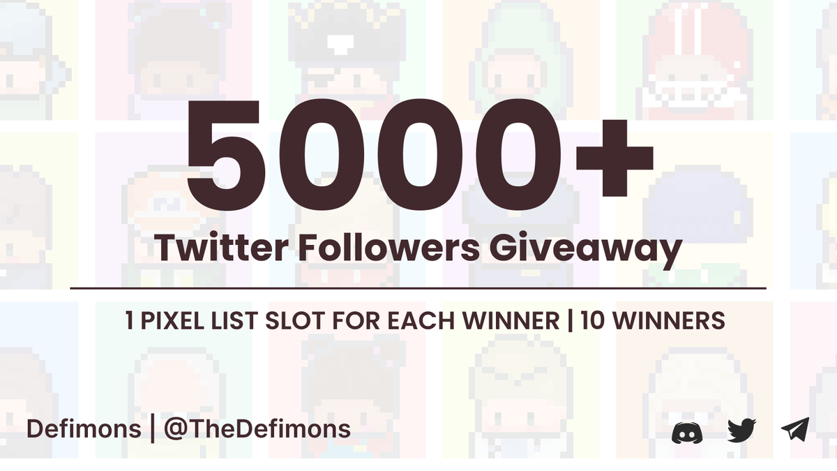🏆5000 Twitter Followers Giveaway🏆

To enter:
👉Follow @TheDeFimons
👉Join our Discord: discord.gg/slothfi
👉Like, Retweet and tag your team

💰 1 Pixel List Slot for each winner, 10 Winners
⏰ Valid till 9th March 2022