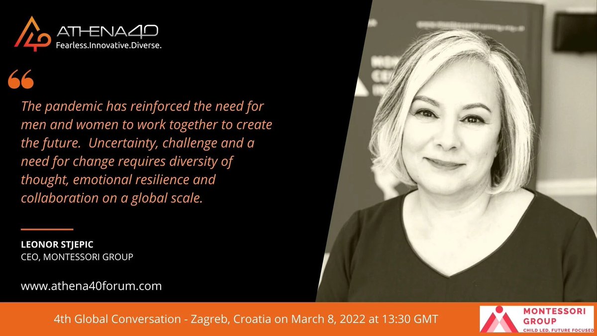 Montessori_GEd's tweet photo. We look forward to the panel discussion in the Athena40 Conversation on women's issues, rights and 
equality all on International Women’s Day
@LeonorStjepic and @Maccs_Pesc will join women from UK, Croatia, Jordan, Lebanon, UAE, Pakistan, Kenya, Afghanistan and China #IWD2022 https://t.co/V1t7BlB4cW