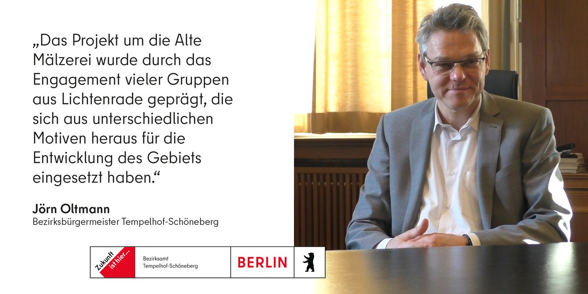 Beitrag zum Lichtenrader Revier. Zitat von Bezirksbürgermeister Jörn Oltmann: "Das Projekt um die Alte Mälzerei wurde durch das Engagement vieler Gruppen aus Lichtenrade geprägt, die sich aus unterschiedlichen Motiven heraus für die Entwicklung des Gebiets eingesetzt haben."