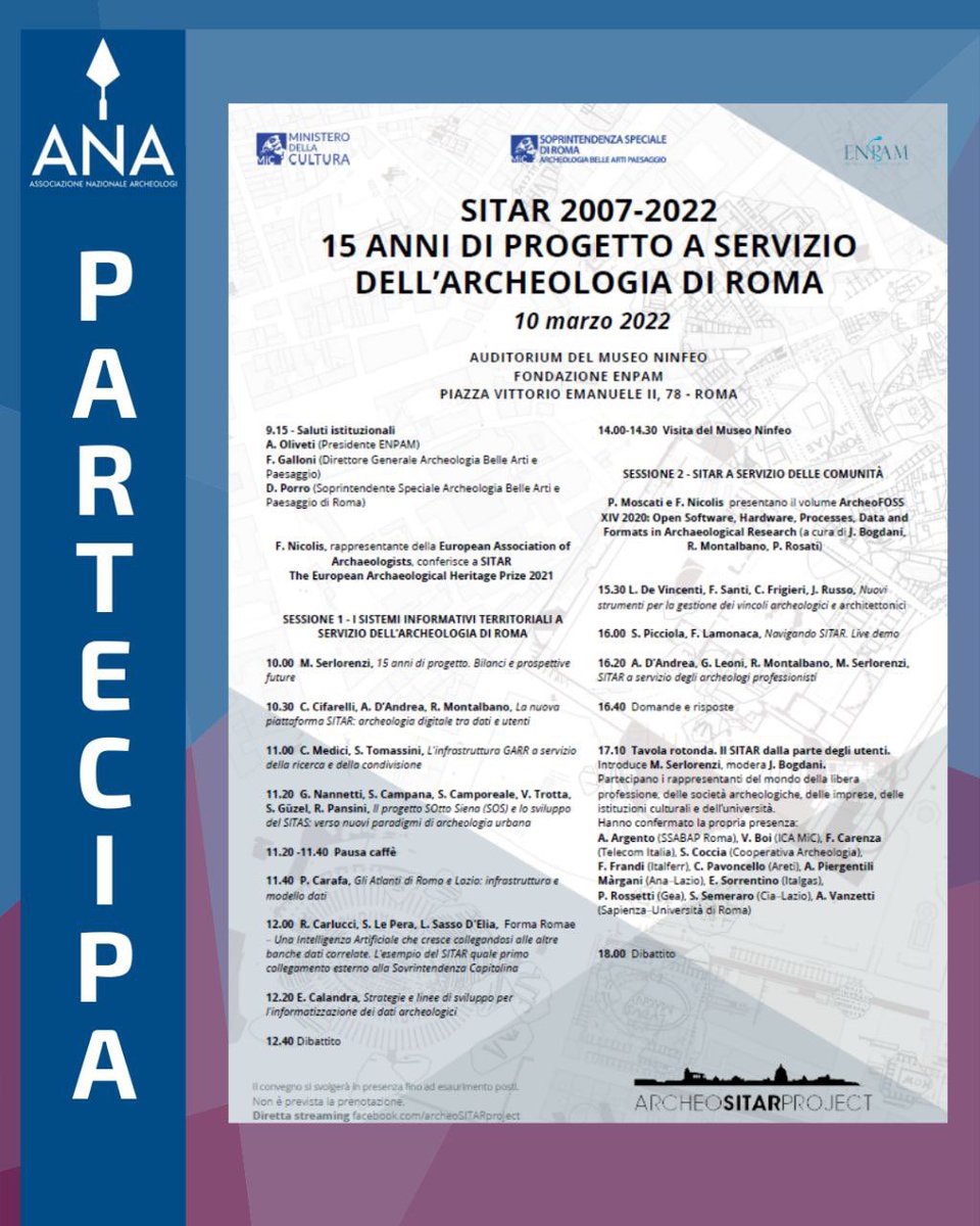 Archeologi's tweet photo. #ANAPartecipa
#SITAR 2007-2022 15 ANNI DI PROGETTO A SERVIZIO DELL’ARCHEOLOGIA DI ROMA 📣
10 marzo
📍 AUDITORIUM DEL MUSEO NINFEO - FONDAZIONE ENPAM -
Il convegno si svolgerà in presenza fino ad esaurimento posti
🌐 Diretta streaming https://t.co/gpamybY7Xx https://t.co/ZxDop5h2Nr