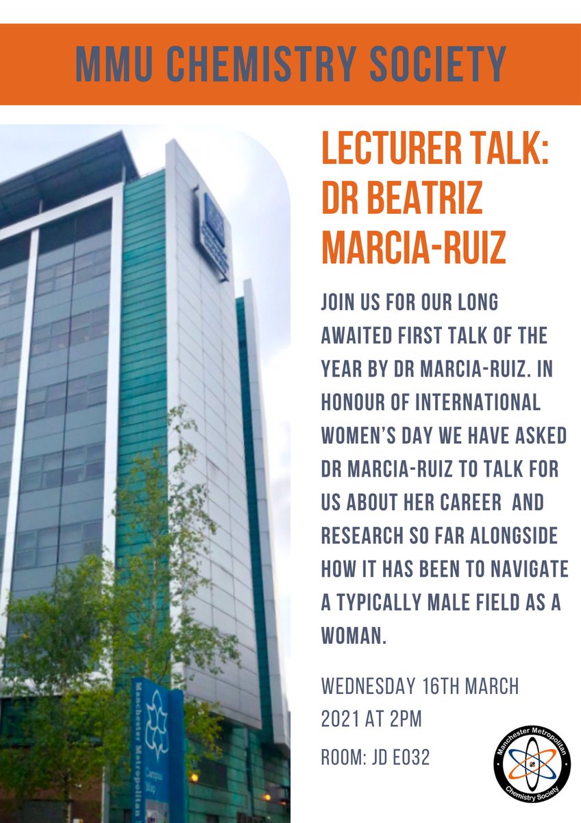 MMU_ChemSoc's tweet photo. 🧪LECTURER TALK- DR BEATRIZ MARCIA-RUIZ🧪

In honour of international women’s day Dr Marcia-Ruiz is going to host a talk for us, discussing her career so far and how it is to be a woman in a typically male field!

16/03/22

2pm in JD E0.32

Open to all- see you there! https://t.co/wx1dG1zbOP