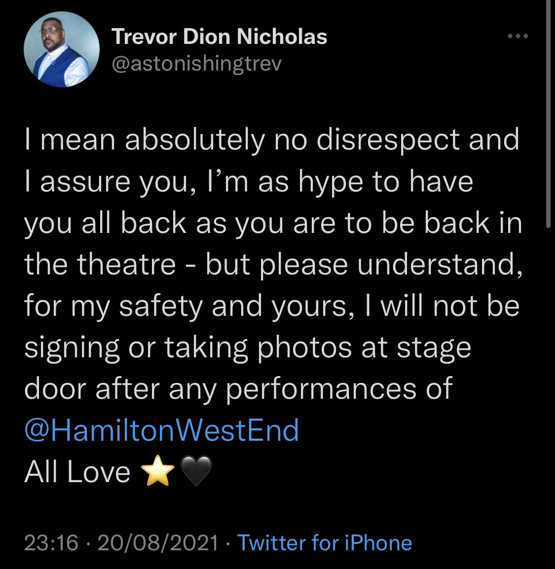 HamilFansLDN's tweet photo. When a policy has been publicly posted and then a cast member has stated multiple times their own personal boundaries, why would anyone in their right mind think this is okay to say. Even before pandemic this was an entitled thing to say and now it’s just downright appalling. https://t.co/B55Z4nYHZf