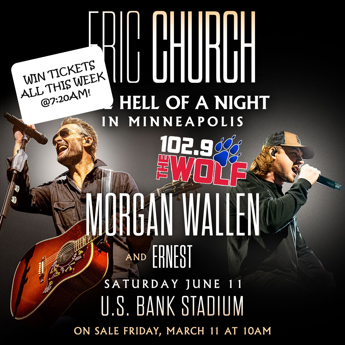 1029TheWolfMN's tweet photo. WIN your tickets to the BIGGEST show in 2022-- Eric Church &amp; Morgan Wallen at US Bank Stadium ALL THIS WEEK at 7:20am with Thunder &amp; PT!  #WolfgoestoChurch #1029thewolf #wolfpackmn https://t.co/vUVCKeyTfu