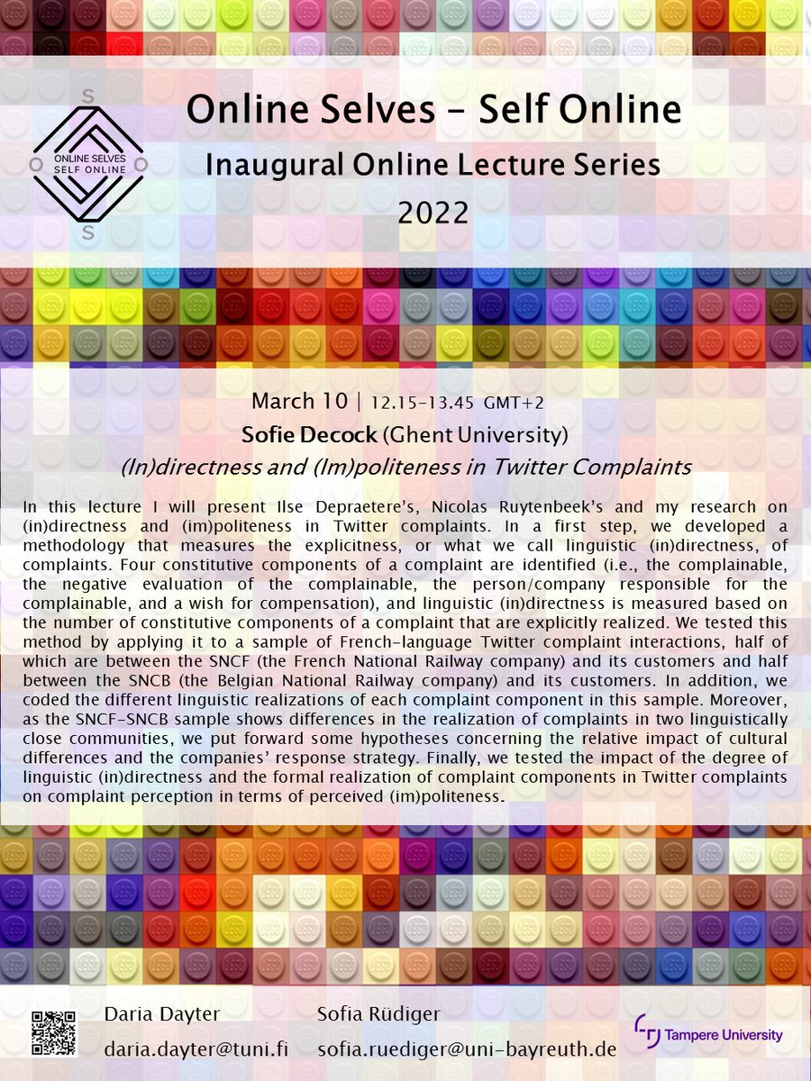 uhlon_dohlenko's tweet photo. Join us for the first talk of the Online Selves - Self Online (#OSSO) lecture series by Sofie Decock on March 10, 12.15-13.45 (GMT+2; [so 11.15-12.45 for those on CET]). Registration is free and open until March 8: https://t.co/KDwYaCSHWr
#OnlineIdentity #SelfPresentation https://t.co/t5P9EWeXIJ