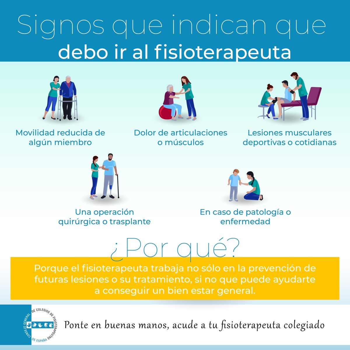 Signos que indican que debo ir al fisioterapeuta:
👉 Movilidad reducida de algún miembro 
👉 Dolor de articulaciones o músculos 
👉 Lesiones musculares deportivas o cotidianas 
👉 Una operación quirúrgica o trasplante  
👉 En caso de patología o enfermedad  
#YovoyalFisio