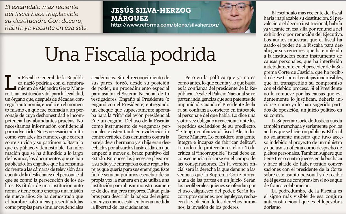 jrisco's tweet photo. “Una fiscalía podrida”

Imperdible hoy @jshm00 en @Reforma https://t.co/gSXkSh5cFu