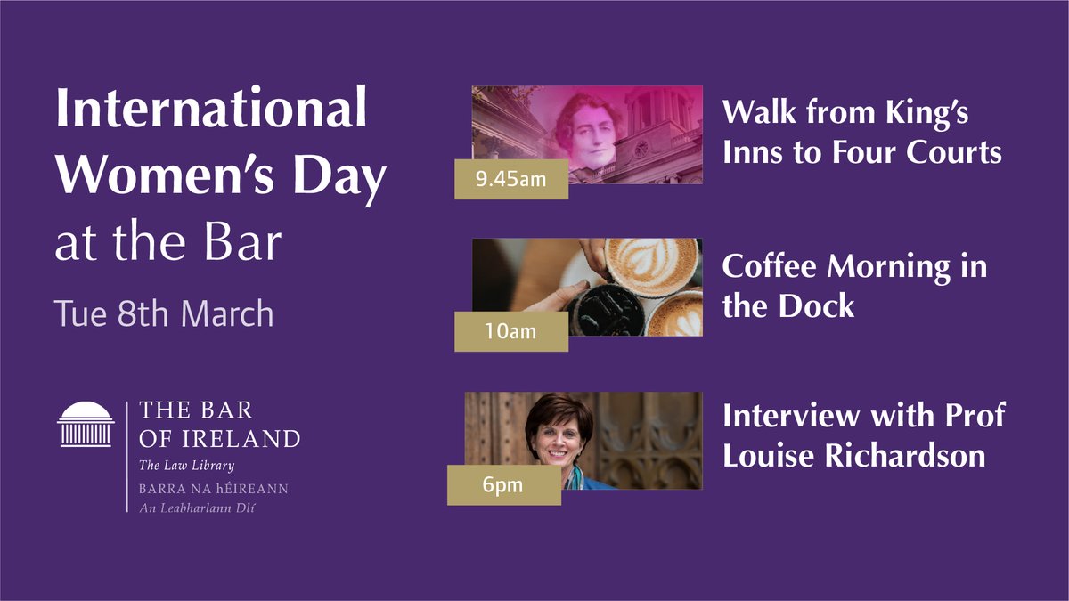 Join us as we #BreakTheBias while celebrating #InternationalWomensDay2022 

🚶‍♀️ 9.45am - trace the path of Averil Deverell BL &amp; Frances Kyle BL
☕️ 10am - coffee &amp; good company
⚖️ 6pm - tune in to Prof. Louise Richardson in conversation with Emer Woodfull BL