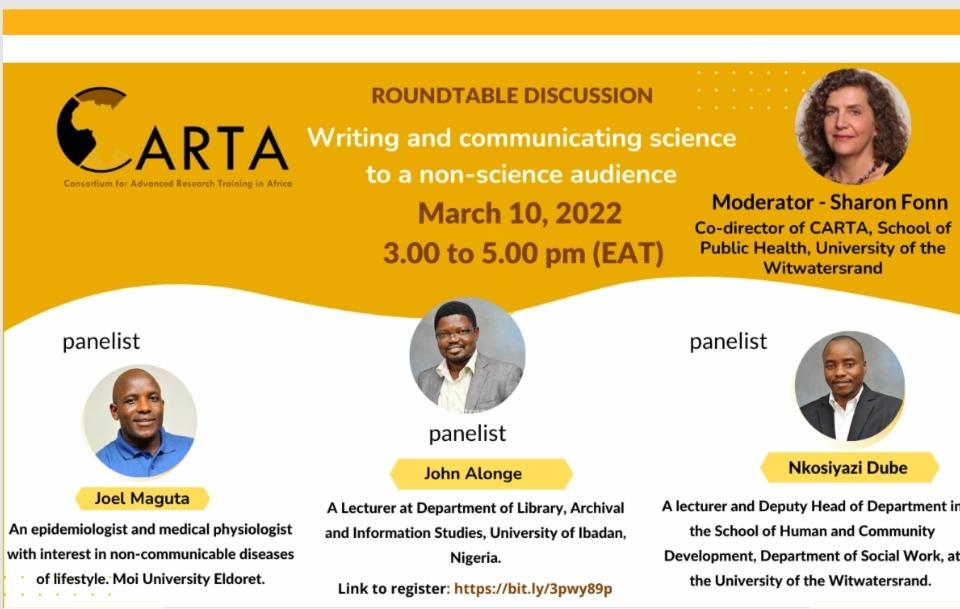 Free Webinar 
Writing and Communicating Science to a Non-science Audience
Please join us for this webinar.
Thursday, March 10, 2022
3:00 pm to 5:00 pm, EAT
#PolicyCommnication #ResearchDissemination
Register here 
us02web.zoom.us/webinar/regist…