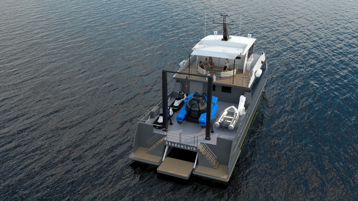 ShadowCatYachts's tweet photo. SHADOWCAT & @tritonsubs announce a new concept 24m #SHADOWLARK. Designed by @incatcrowther, SHADOWLARK carries a Triton 3300/3 MKII #submersible, which safely dives to depths to 1,000m. #megayacht #superyacht #supportvessel #uhnwi #submarine #diving #oceanexploration https://t.co/2fFibVTLxN