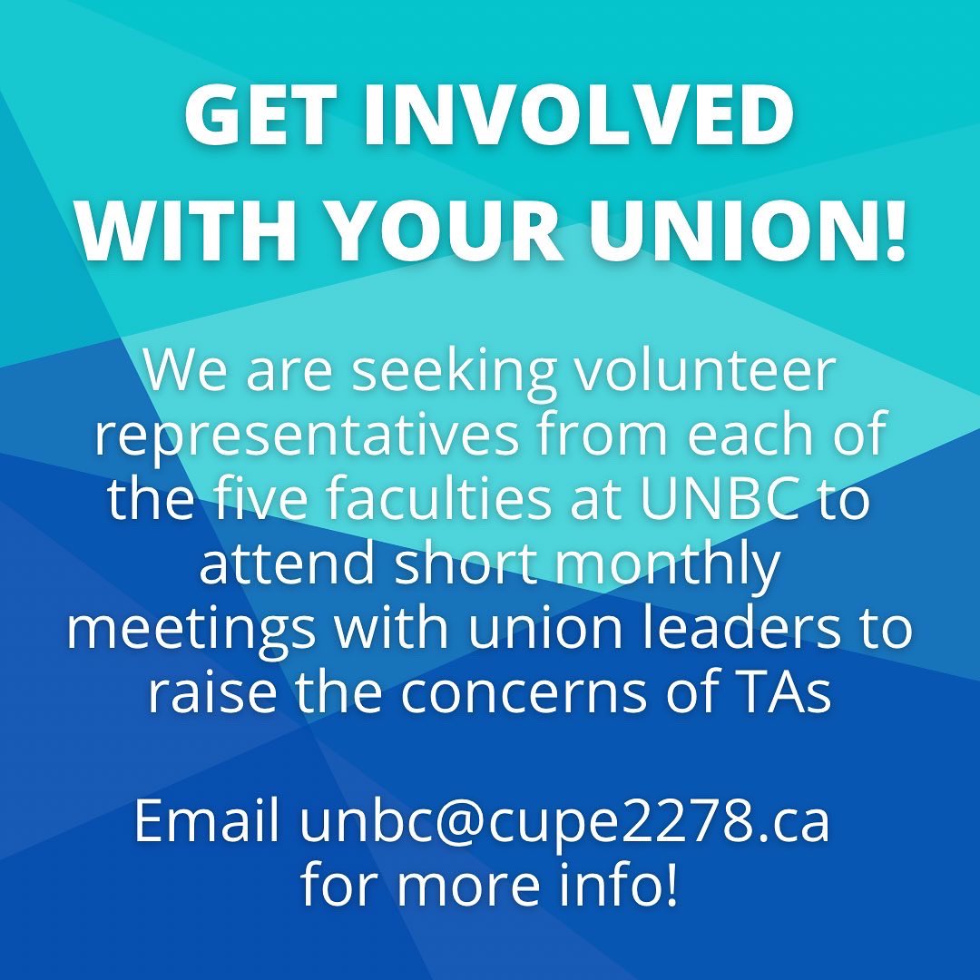 unbccupe2278's tweet photo. We’re looking for TA union members to volunteer as department representatives. The time commitment will be low, but you’ll make a huge difference in helping the union support TAs!
#union #cupe2278 #gradTA #UNBC #solidarity #advocacy #fairness https://t.co/8L3S2oJqdD