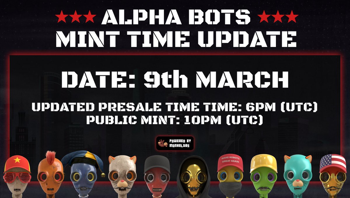 AlphabotsNFT's tweet image. 🚨 Mint Time Update 🚨

Our whitelist presale will now take place a few hours earlier at 6PM UTC to accommodate more time zones.

Public will take place as originally planned at 10PM UTC.

Full details available in Discord! 👇
discord.gg/alphabots

#SolanaNFTs