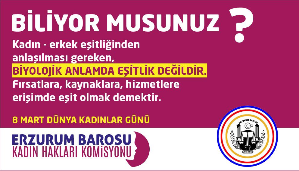 Kadın-erkek eşitliğinden anlaşılması gereken, biyolojik anlamda eşitlik değildir. Fırsatlara, kaynaklara, hizmetlere erişimde eşit olmak demektir. 

Bir gün değil, her gün kadınların yanındayız 🌸

#8MartDünyaKadınlarGünü
#8MartDünyaKadınlarGünüKutluOlsun
#8Mart