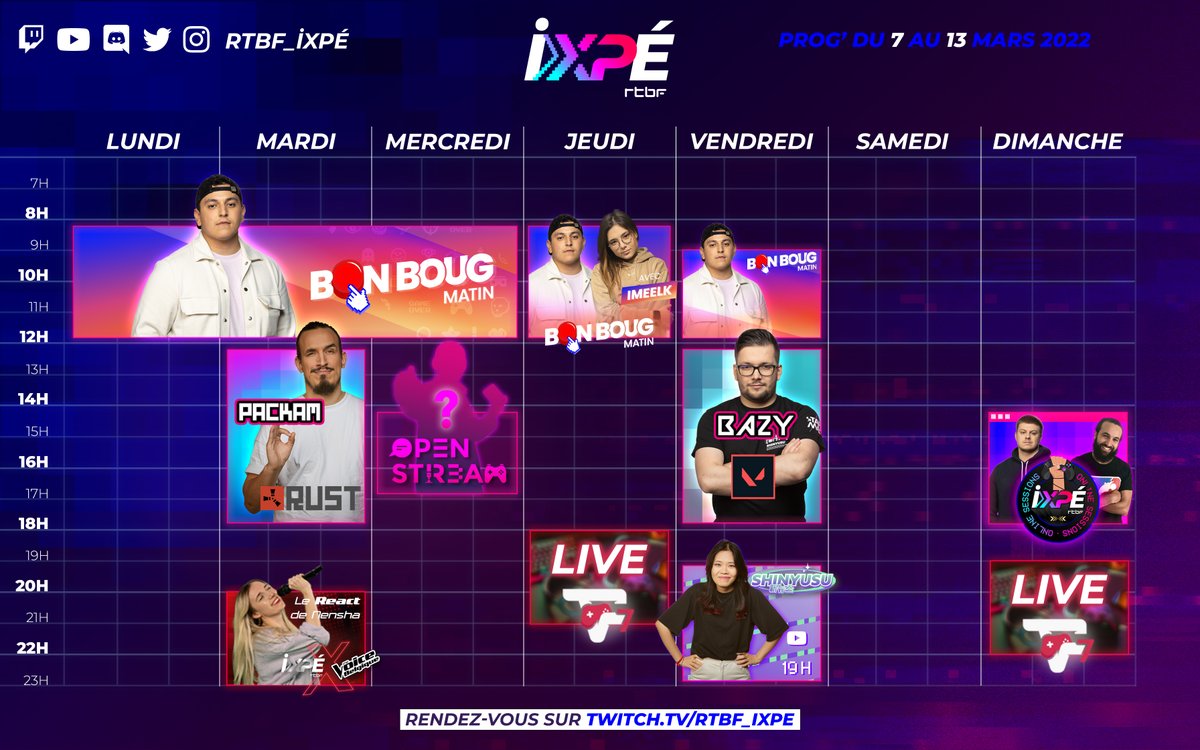 RTBF_iXPe's tweet photo. Le prog' est là 📅
🥐 BBM by @lemedtv, avec @iMeelk jeudi !
👉 #LeCrew avec @LosPackamos/@_bazyy
👉 #OpenStream avec @redwolfffs
🎙 React @thevoicebe avec @Nensha_
🏆 #RiOS avec @Eversax & @ImaginaXion_RL
🎒 @lemedtv sera en backack au TVG7 !
🔴Sur https://t.co/00loj4Hew3 https://t.co/3gzZ85ZQrY