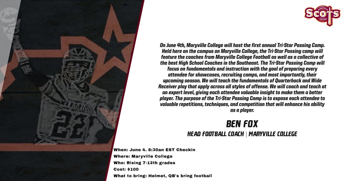 MCScotsFootball's tweet photo. 🚨ATTENTION🚨 Rising 7-12th grade WR &amp;QB’s!!  The Scots will be hosting the first annual Tri-Star passing camp on June 4.  Sign up today! Skill development, film sessions!  SIGN UP TODAY 
🔗 https://t.co/iXbTrlXmgW https://t.co/TYIImCiatO
