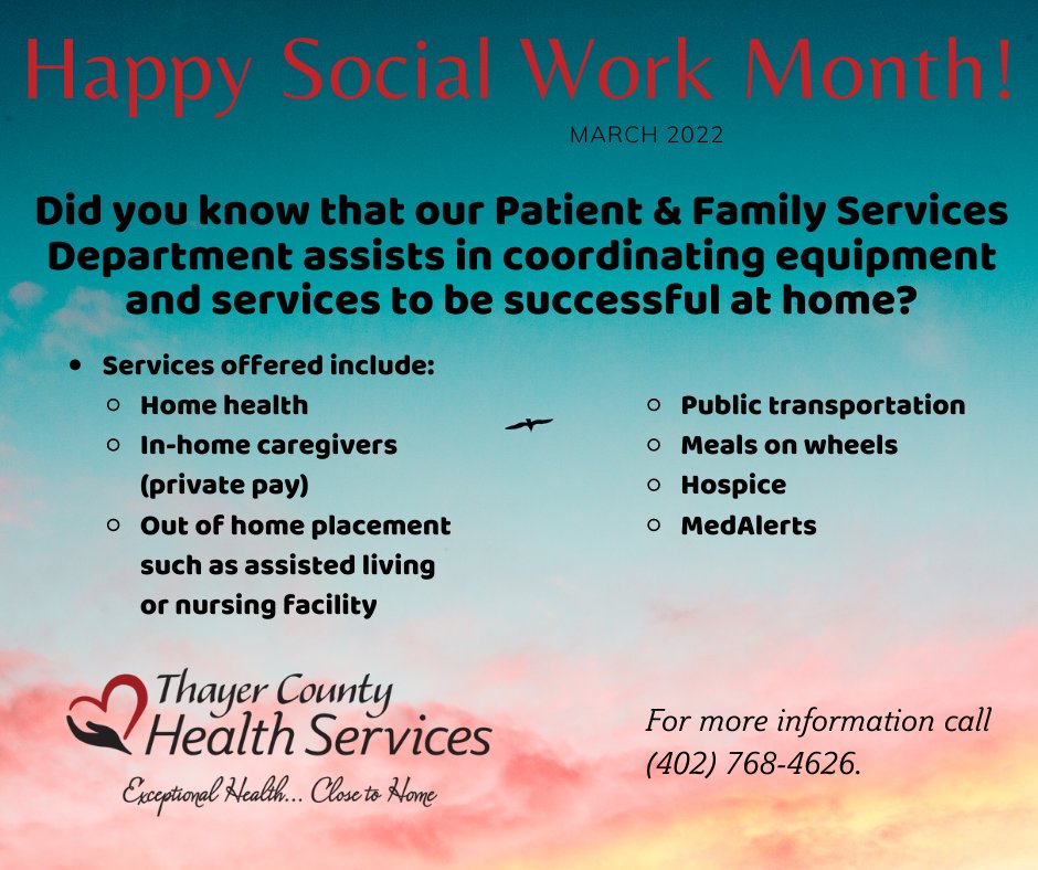 tchsne's tweet photo. When patients leave the hospital TCHS's social workers can help connect them to additional services like in-home care, meals on wheels, and more.
Thayer County Health Services- Exceptional Health, Close to Home https://t.co/68vY8qYpZp