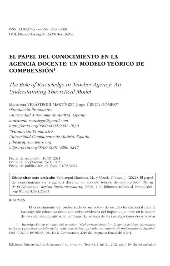 #JustPublished #EarlyView 

«El papel del conocimiento en la agencia docente: un modelo teórico de comprensión» 

 ✍🏻 ✍🏻 <a href="/macarena_verast/">Macarena Verástegui</a> y <a href="/JorgeFilosofo/">Jorge Úbeda</a> (de <a href="/FundPromaestro/">Fundación Promaestro</a>) 

Acceso: revistas.usal.es/index.php/1130…

 📚