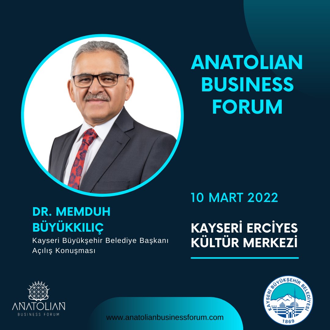 Kayseri Büyükşehir Belediye Başkanı Dr. Memduh Büyükkılıç, 10 Mart 2022 Perşembe günü Erciyes Kültür Merkezi'nde açılış konuşması yapacaktır.
<a href="/baskanmemduhbyk/">Dr. Memduh Büyükkılıç</a> 
<a href="/KayseriBSB/">Kayseri Büyükşehir Belediyesi</a>

#anatolianbusinessforum #kayseribüyükşehirbelediyebaşkanı #drmemduhbüyükkılıç