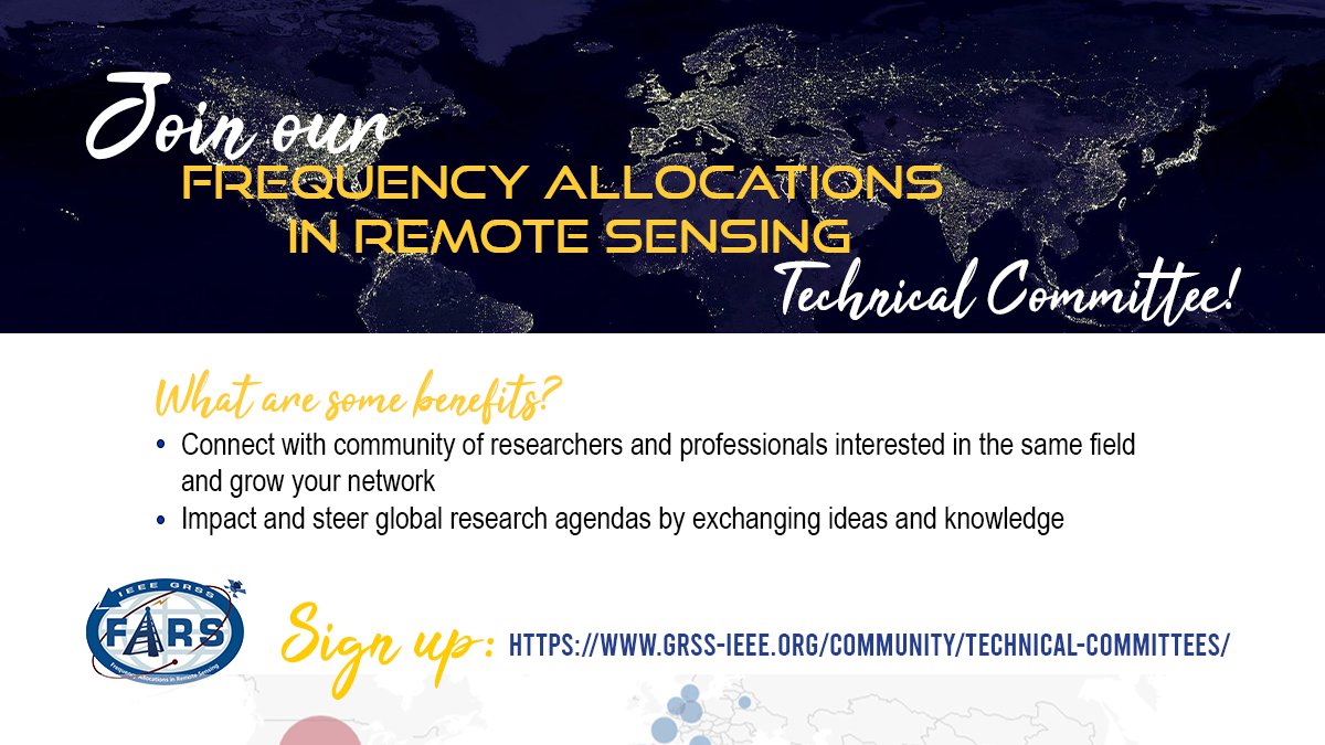 IEEE_GRSS's tweet photo. 📢Join our " Frequency Allocations in Remote Sensing (#FARS) Technical Committee "
Its goal is to interface between GRSS and the radio-frequency regulatory world. 
#ieeegrss #grsstc
🔗https://t.co/IovKmb9BBX https://t.co/U7vQDNP3tV