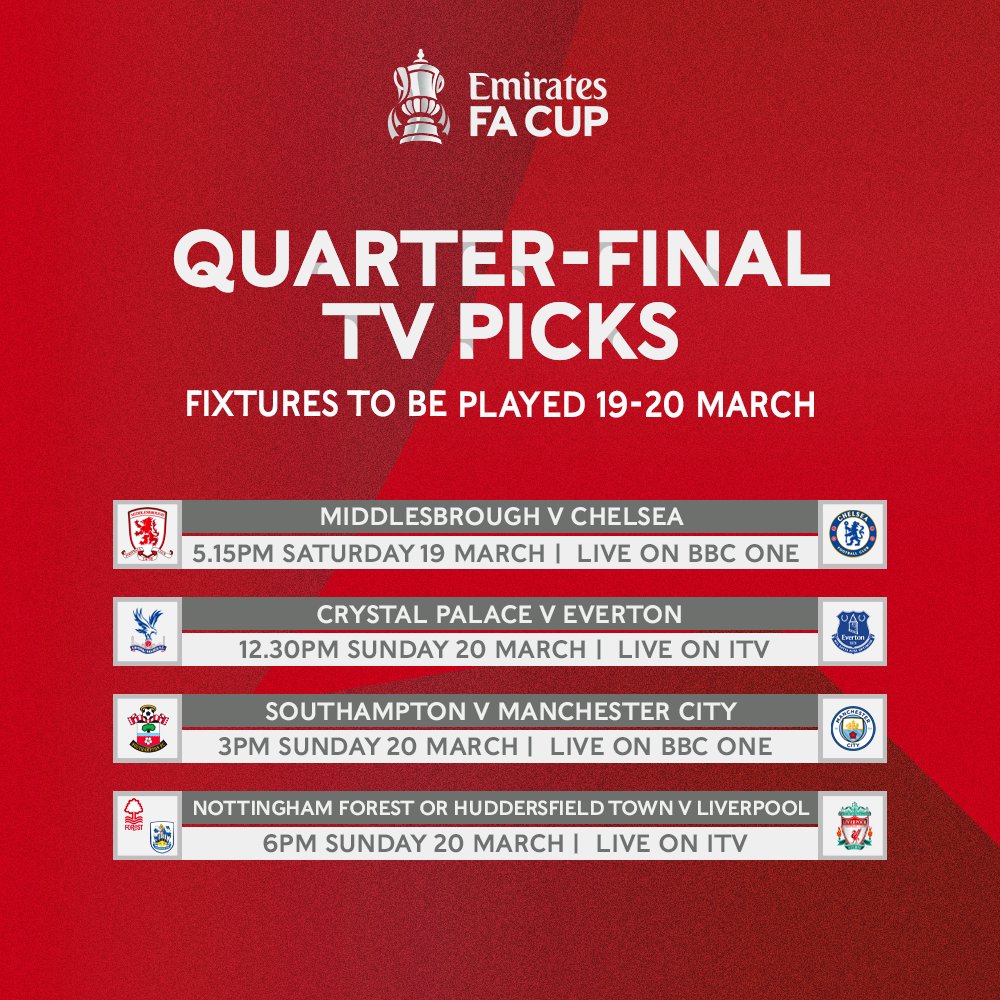Emirates FA Cup on X: The #EmiratesFACup quarter-final TV picks have been  selected! 📺 Which games will you be watching? 👀   / X