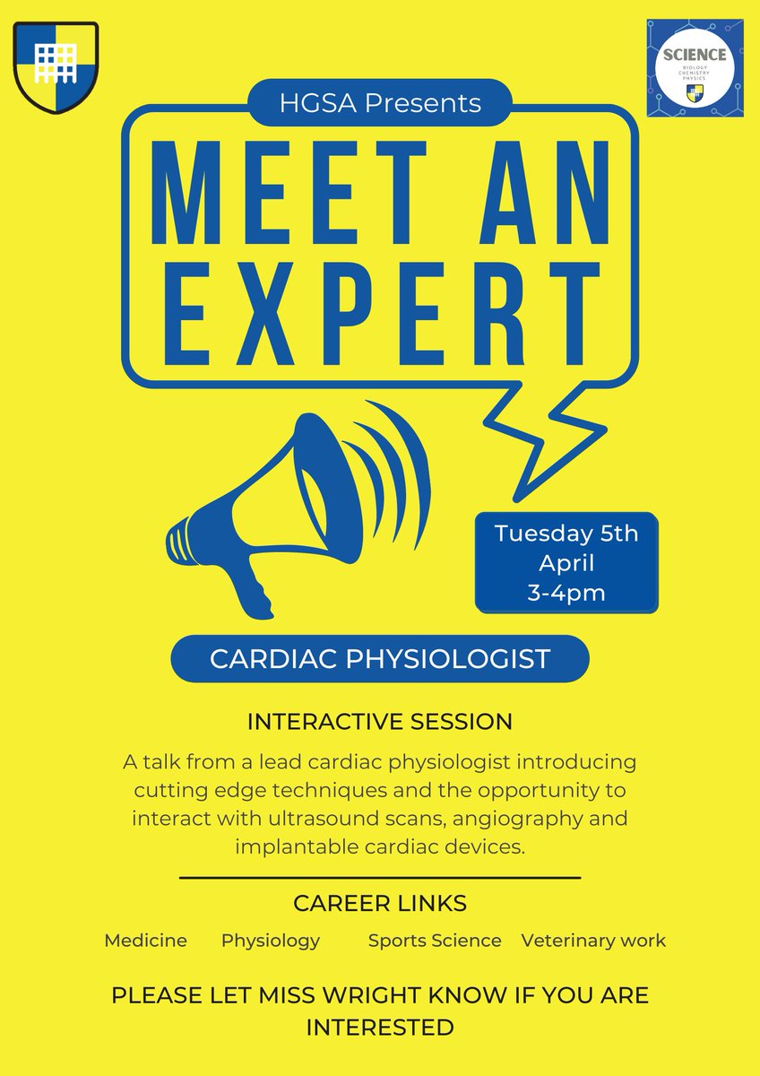 HGSA_Science's tweet photo. As it's #NationalCareersWeek2022 we thought it was the perfect time to let you know about our #meetanexpert workshop. The interactive workshop (April 5th) will give students an inside perspective about cardiac physiology 🫀🩺. Please see the attached poster #raisingaspirations https://t.co/A4HVupwfa0