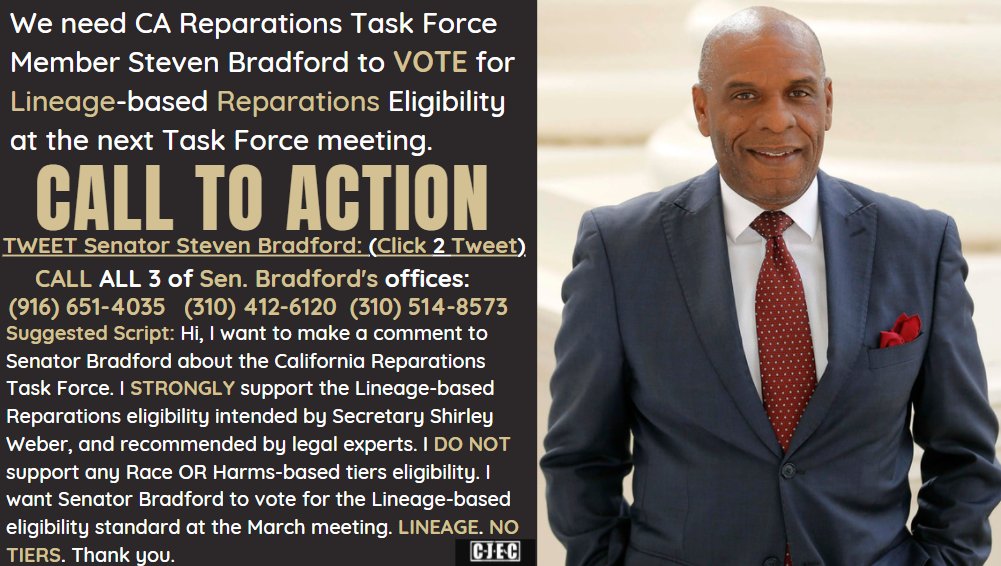 cjecofficial's tweet photo. *CALL To ACTION* We need CA Reparations Task Force Member @SteveBradford to VOTE for Lineage Reparations Eligibility at the next Task Force meeting. CALL/TWEET @SteveBradford TODAY! Tell him to VOTE for LINEAGE! #lineage #NOTiers @cjecofficial
Scripts Link https://t.co/aT2Hvk0Es5 https://t.co/A6HVVkAljF