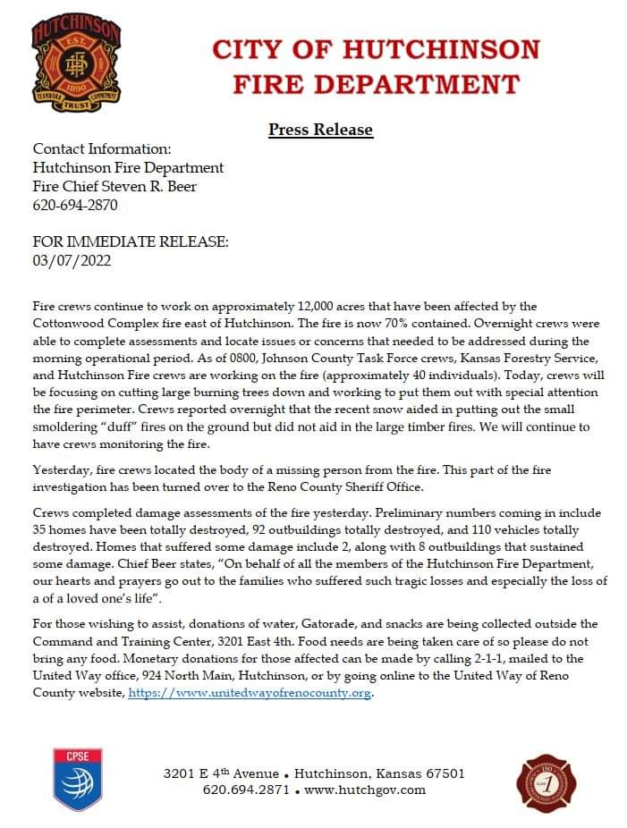 This is the latest information from Hutchinson Fire HFD regarding the recent deployment of the Johnson Wildland Task Force <a href="/NWCFD/">Northwest Consolidated Fire District</a> along with <a href="/FireDist1JoCoKS/">Fire Dist. #1 JoCoKS</a> and <a href="/OlatheFire/">Olathe Fire Dept.</a> have been assisting with this incident since Saturday March 5.