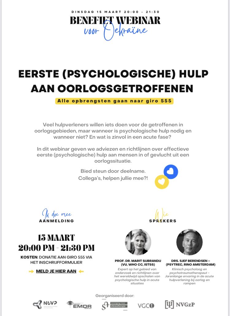 15 maart organiseren de samenwerkende verenigingen een benefietwebinar voor alle geïnteresseerde hulpverleners tbv Oekraïne. Alle opbrengsten komen ten goede aan giro 555. Zie hieronder👇🏼