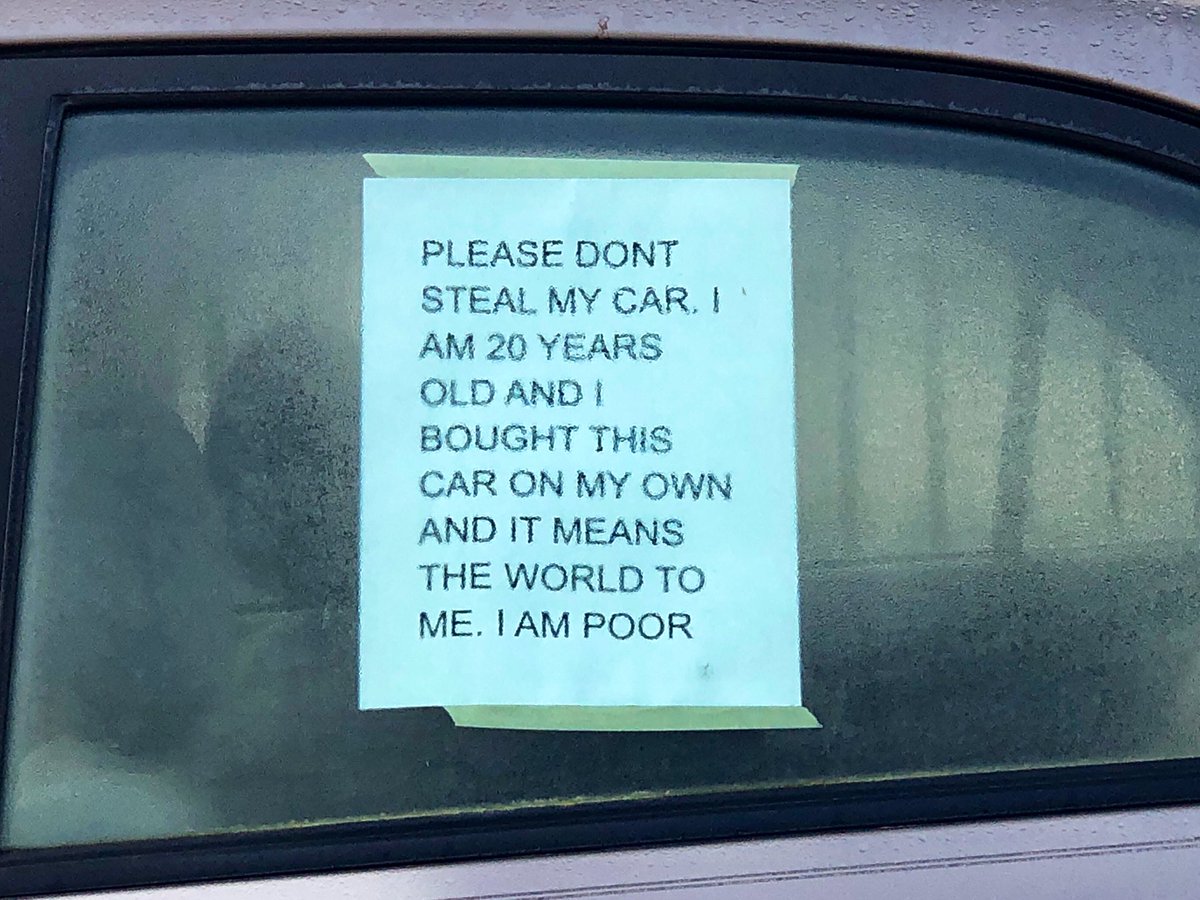 MikeKATU's tweet photo. THIS IS SAD… saw this note on a car this morning in NE Portland.  Poor kid goes to bed at night hoping the car is there in the morning.  When you’re asking the criminals for help, your city might have a problem.  #LiveOnK2 #portland #werebetterthanthis https://t.co/wrHuYabSu1