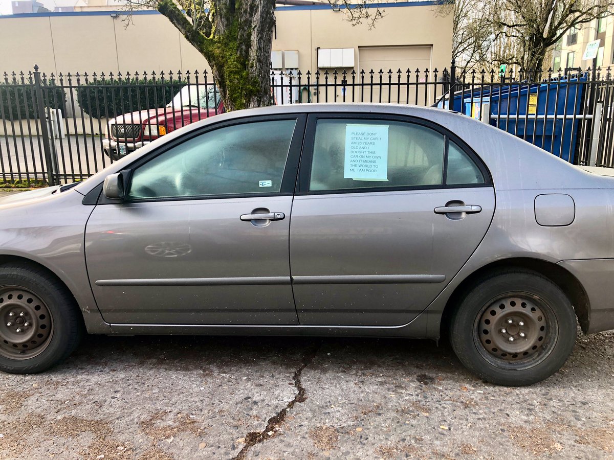 MikeKATU's tweet photo. THIS IS SAD… saw this note on a car this morning in NE Portland.  Poor kid goes to bed at night hoping the car is there in the morning.  When you’re asking the criminals for help, your city might have a problem.  #LiveOnK2 #portland #werebetterthanthis https://t.co/wrHuYabSu1