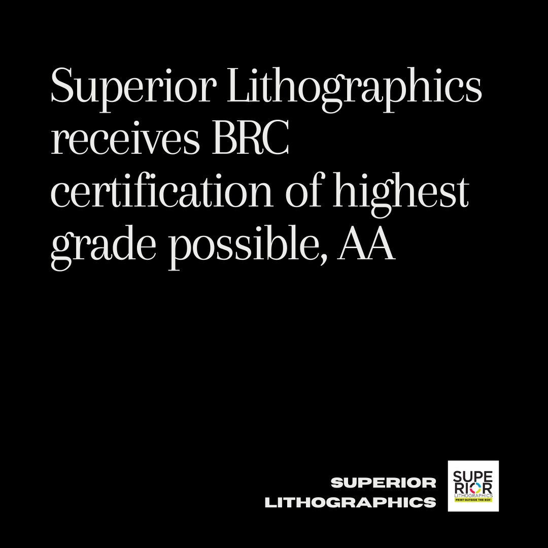 SLithographics's tweet photo. Superior recently completed the BRC Food Safety audit and passed with the highest grade possible of AA! Our employees worked very hard to achieve this certification and their hard work has paid off! #brccertification #foodsafety #printoutsidethebox #suplitho #foldingcarton https://t.co/FaDWNhzkkp