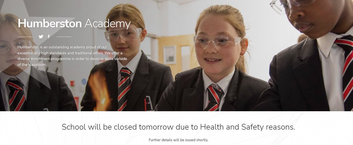 HumberstonA's tweet photo. Due to unforeseen circumstances, we have made the decision to close the academy from tomorrow until further notice. This is due to a gas leak that has been identified on site. All students will need to remain at home &amp; access remote learning. https://t.co/aNcYbTt5GN https://t.co/1gtquKjwEH