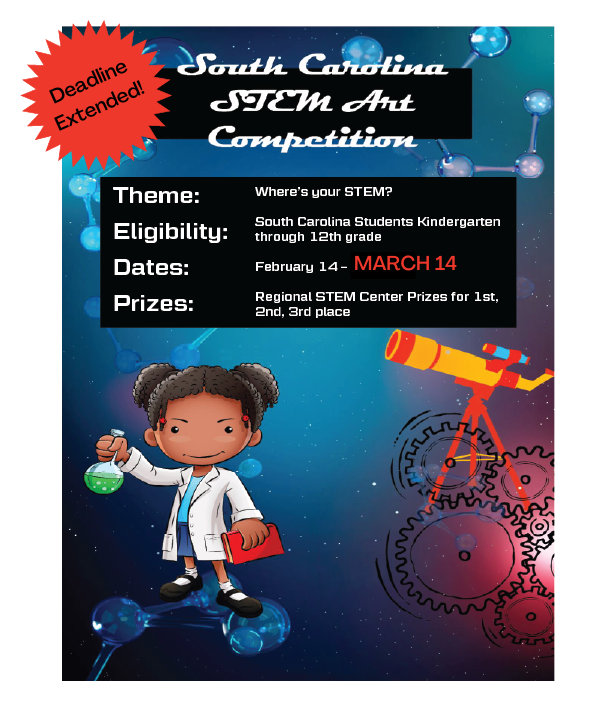SCCMS_STEM's tweet photo. 📣Big news!

The South Carolina STEM Art Competition deadline has been EXTENDED! Submit your original artwork depicting "Where's Your STEM?" at https://t.co/1bvWijsmvy before Monday, March 14 for your chance to win! https://t.co/GY1LJsiyp4
