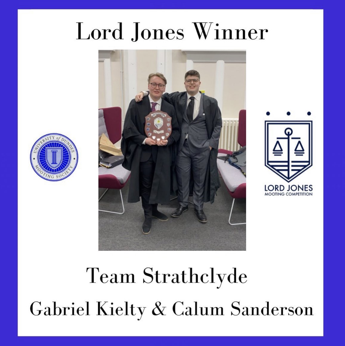💙Lord Jones Competition💙

Last month we hosted the annual Lord Jones Mooting Competition face to face for the first time in 2 years! Huge congratulations to the winners from Strathclyde and the runners up from Dundee! The final was a joy to watch 💙