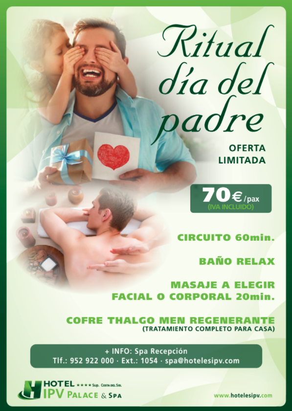 Una oferta especial, para esa persona tan especial ❤️

Aprovecha nuestra oferta "Ritual día del padre" y deja que te cuidemos.
Ven en familia y haz que sea una experiencia irrepetible 💆🏻

Haz tu reserva en llamando al 952 922 000 · Ext.: 1054 o escribenos a spa@hotelesipv.com