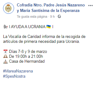 SOLIDARIDAD | El <a href="/Nazareno_Motril/">Cofradía Nazareno y Esperanza Motril</a> organiza una recogida de productos de primera necesidad para Ucrania, los días 7, 8 y 9 de Marzo, de 19 a 21 horas, en su Casa de Hermandad, sita en la Calle Cañas, 11. 

#Motril #CofradíasMotril #SemanaSantaMotril #Motrilpenitente #solidaridad