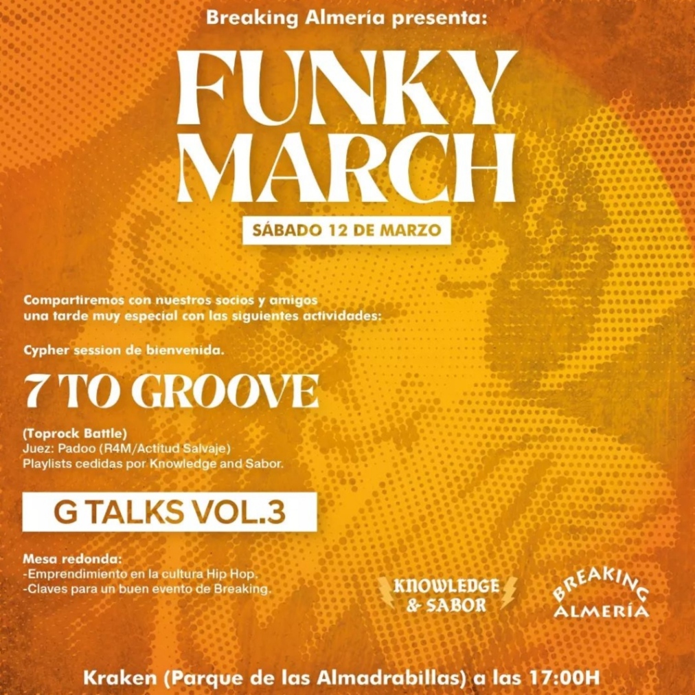 Os esperamos el sábado 12 de marzo a las 17:00 en el Kraken (Parque de las Almadrabillas).

instagram.com/p/CaPz5sPoNuz/

#breaking #almeria #breakingalmeria #hiphop #culture #funky #march #toprock #battle #7togroove #gtalks
