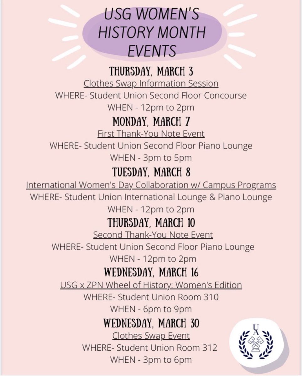 ➡️ <a href="/USGUA/">UA USG</a> also has an impressive lineup of events scheduled for #WomensHistoryMonth 2022! See below.

Is your UA organization holding any events for WHM? Shout them out below! 💙