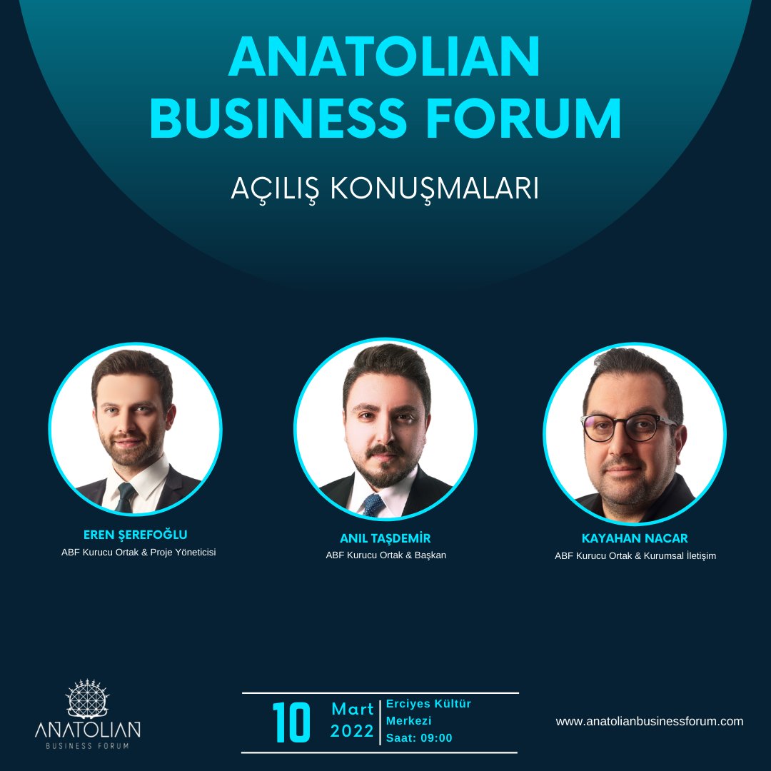 ABF Kurucu Ortakları Eren Şerefoğlu, Anıl Taşdemir ve Kayahan Nacar, 10 Mart 2022 Perşembe günü saat: 09:00'da açılış konuşmalarını yapacaklar. 
<a href="/ianiltasdemir/">İbrahim Anıl Taşdemir</a>
<a href="/KayahanNacar/">Kayahan Nacar</a>

#anatolianbusinessforum #açılışkonuşması #erenşerefoğlu #aniltasdemir #kayahannacar