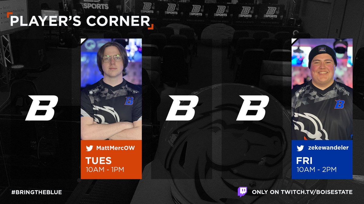 BoiseStEsports's tweet photo. For this week of #PlayersCorner we have @MattMercOW and @zekewandeler !
Only at https://t.co/XtzVA2pEcy #BringTheBlue https://t.co/faQxKiXH9k