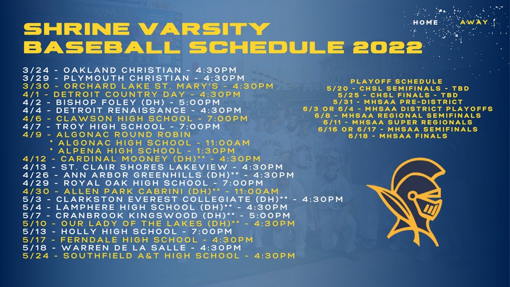 ShrineBaseball's tweet photo. Check out the 2022 Varsity Baseball Schedule!

Still looking to add a few games in May…And, as always, everything is subject to change.

Can’t wait to get started! https://t.co/OTuRZwN8R9
