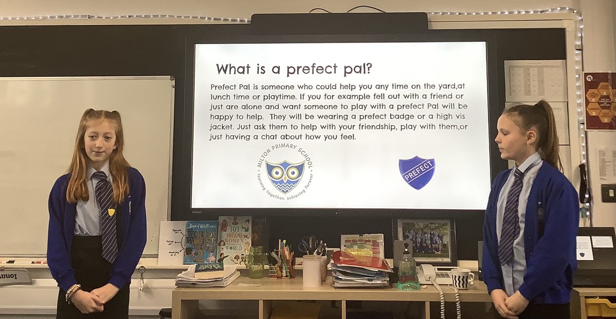 MissCahill7's tweet photo. Our Pupil Leaders and Prefect Team presented to Mrs Burke on their  new initiative of Prefect Pals😀 We can’t wait to introduce Prefect Pals to all members of Milton Primary @MiltonPrimary17 https://t.co/EvDQrV3CWA