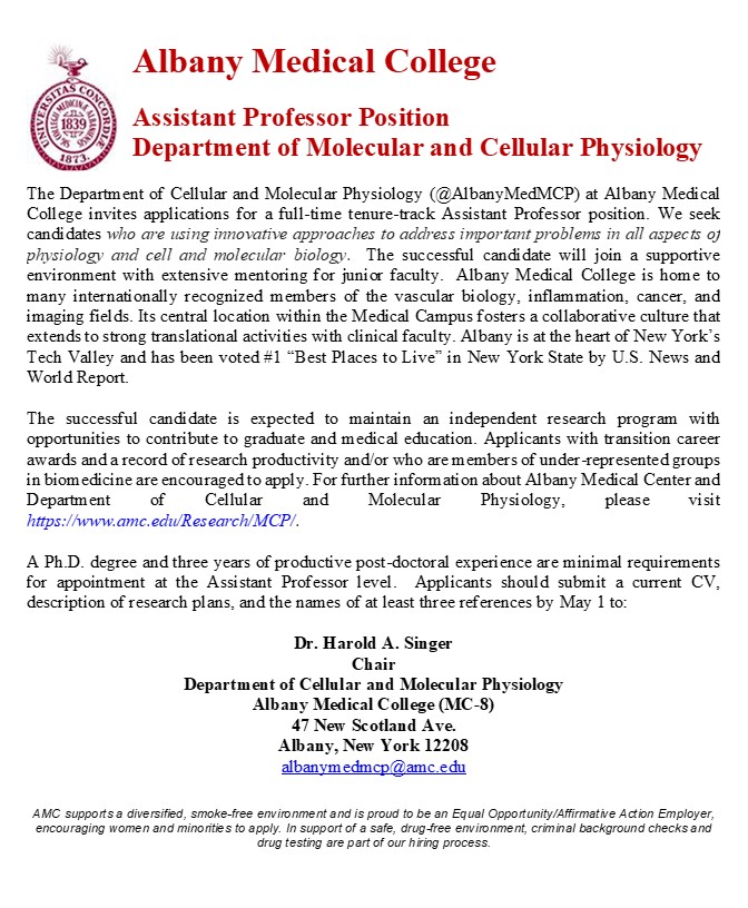 AlbanyMedMCP's tweet photo. @AlbanyMedMCP is seeking tenure-track faculty who use innovative approaches in #physiology, #cell and #molecularbiology. We are committed to a collaborative culture that fosters extensive mentoring and translational activities with clinical faculty. #academicjobs #sciencejobs https://t.co/1CSLISKwfM
