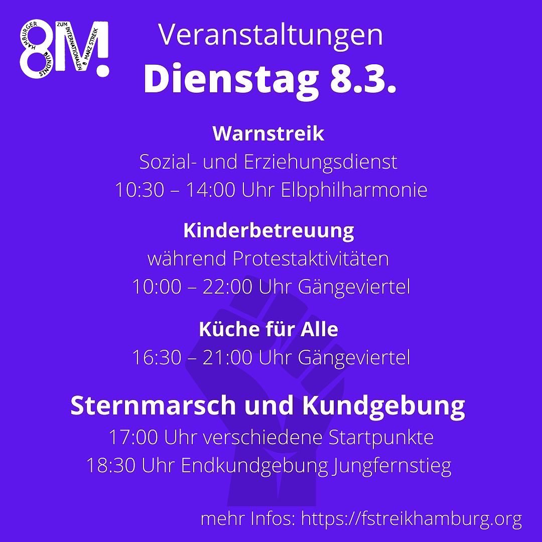 Morgen ist es soweit und wir gehen laut und zahlreich auf die Straße zum 8. März! 💜 heute und morgen gibt es noch einiges an Programm drum herum, ebenfalls aufgelistet und mit mehr Infos auf unserer Homepage: fstreikhamburg.org 

Wir freuen uns auf euch!

#8mhamburg