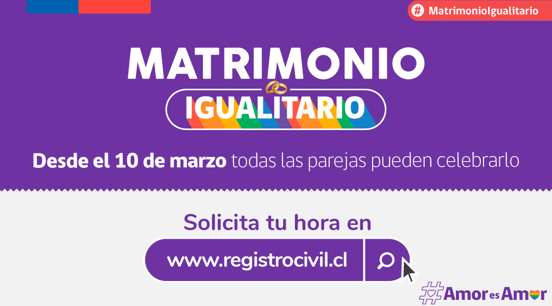 📢¡Atención! Ya  puedes reservar hora para celebrar tu #MatrimonioIgualitario🌈
El nuevo sistema de matrimonio es para todas las parejas, sin importar su sexo 🧑🏾‍🤝‍🧑🏽👩🏾‍🤝‍👩🏼
👉🏾Agenda hora en registrocivil.cl  #AmorEsAmor