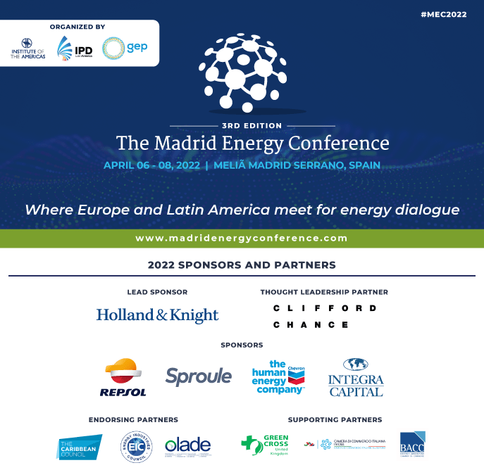 IOA_Energy's tweet photo. We want to THANK the sponsors and partners of our Madrid Energy Conference 2022! 🙌
Sponsors: @Holland_Knight, @Clifford_Chance, @Repsol, #Sproule, @Chevron, #IntegraCapital
Partners: @TheEICEnergy, @OLADEORG, @gcukngo, #CámaradeComercioItalianaenChile, @BACC2 https://t.co/VUJ67HMMVh