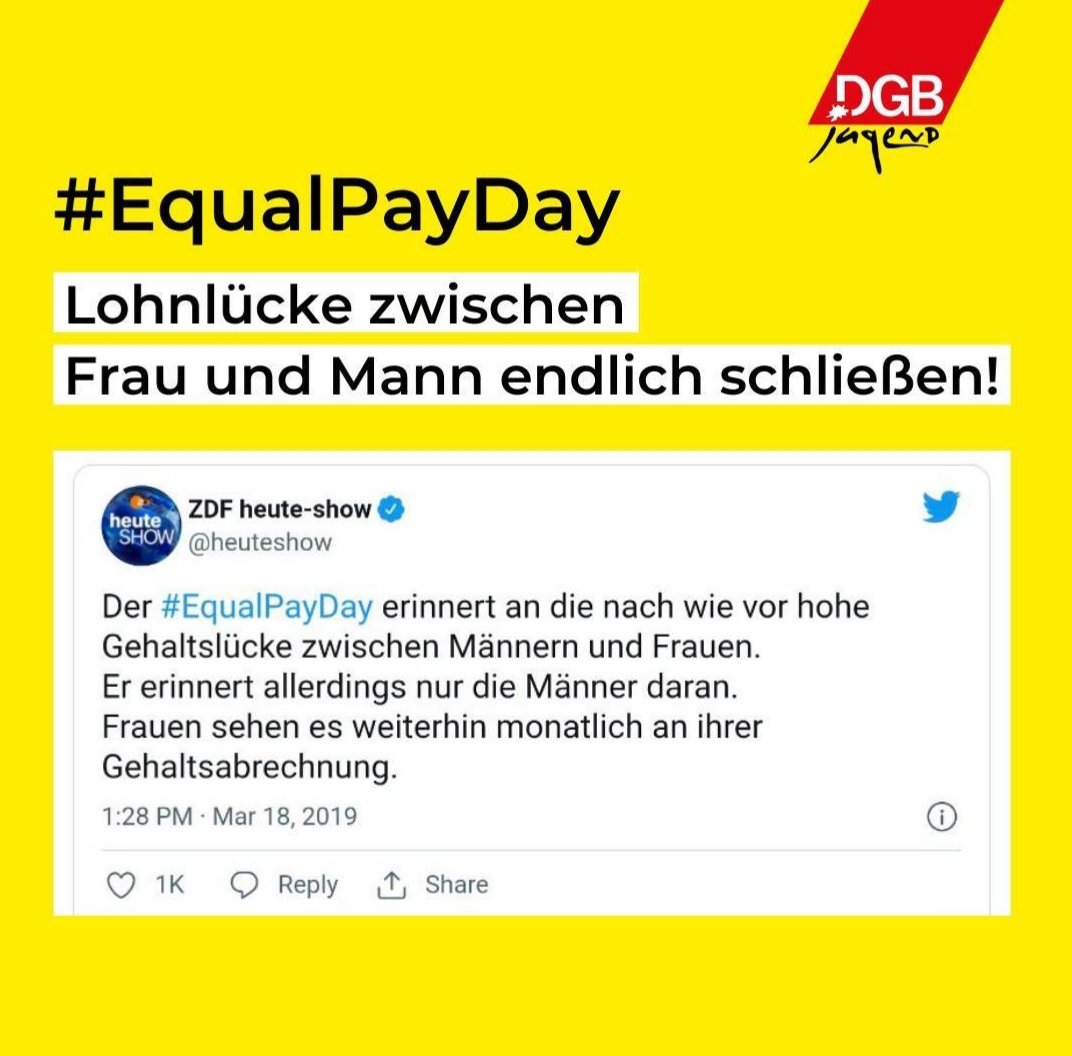 ℹ Hintergrund des #equalpayday ist die noch immer krasse #lohnlücke zwischen Männern und #Frauen. Sie liegt aktuell bei 18 %. Rechnet man den Prozentwert in Tage um, arbeiten Frauen 66 Tage - also bis heute! - umsonst. 😡 
#dgbjugend #feminismus #frauenrechte #gerechtigkeit