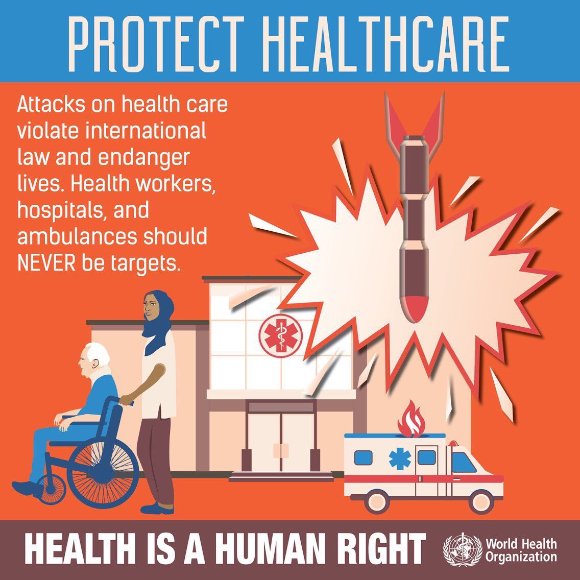 WHO strongly condemns attacks on health care facilities and personnel. Attacks on health care violate int'l law &amp; endanger lives.
Even in times of conflict, we must protect the sanctity &amp; safety of health care, a fundamental human right.

Health care is #NotATarget