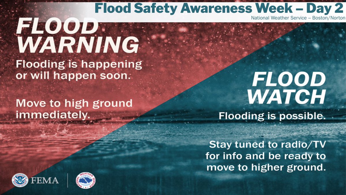 [Flood Safety Awareness Week - Day 2] A Flood Warning means TAKE ACTION. A Flood Watch means BE PREPARED. When a Warning occurs, it means flooding is imminent or already occurring. When a Flood Watch is in effect, it means flooding is possible in your area. 🌧️